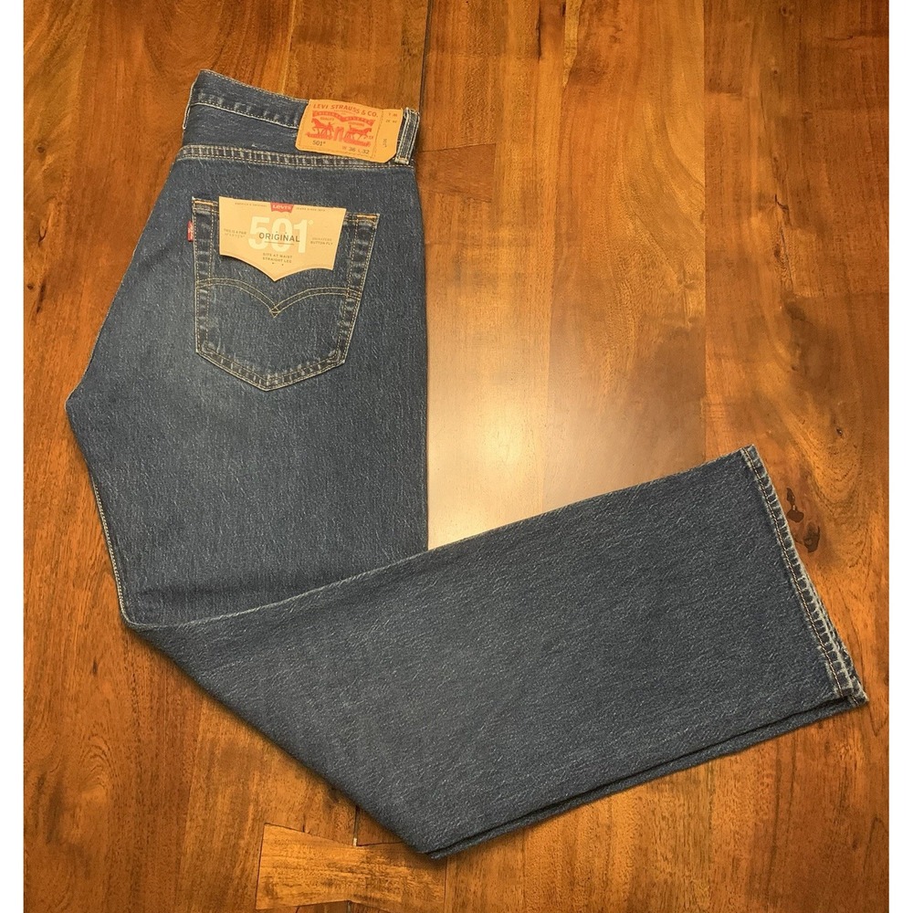 Levis 501 Button Fly Jeans Mens 36x32 NWT Blue Stretch Straight Leg Distressed
